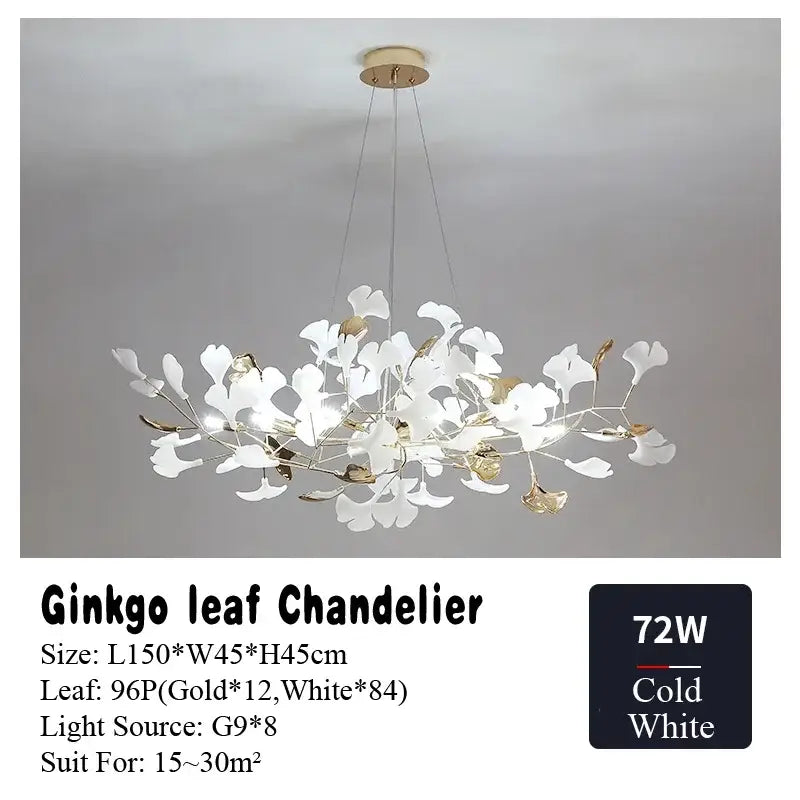 Elegant white and gold DecorBites ginkgo leaf chandelier with modern branching design LED pendant light for living spaces