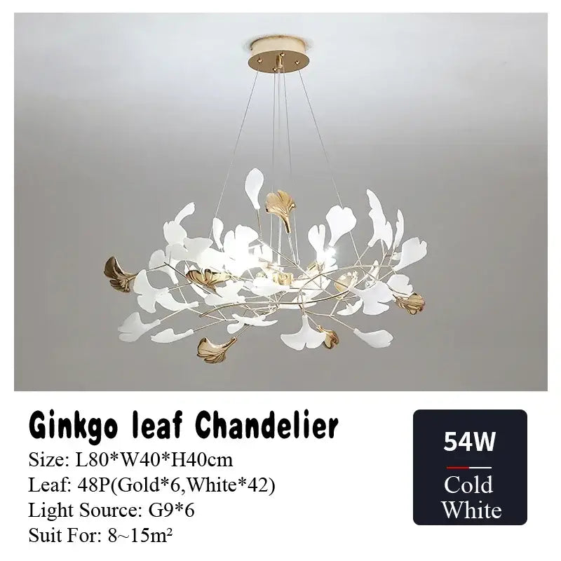 Elegant white and gold DecorBites ginkgo leaf chandelier with modern branching design for living and dining rooms