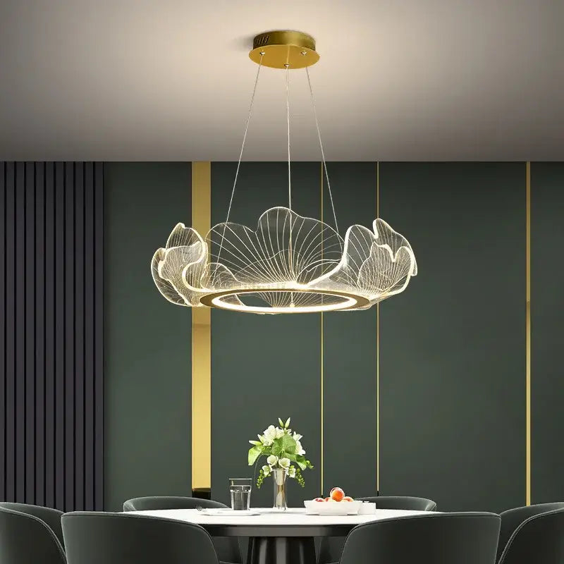 Decorbites ginkgo leaf pendant light with gold tone and translucent acrylic leaf design for living and dining rooms