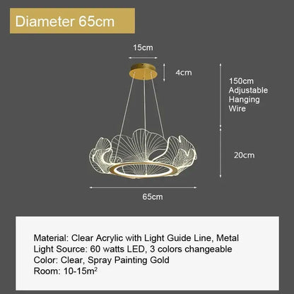 Decorbites ginkgo leaf pendant light features a gold spray-painted metal and clear acrylic ginkgo leaf chandelier design