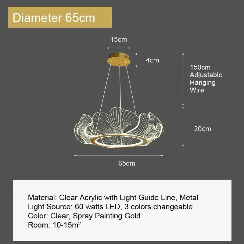 Decorbites ginkgo leaf pendant light features a gold spray-painted metal and clear acrylic ginkgo leaf chandelier design