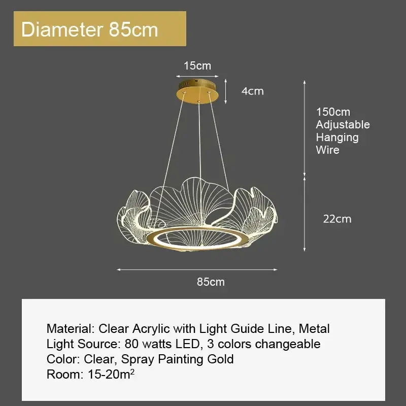 Decorbites ginkgo leaf pendant light featuring gold spray-painted metal and clear acrylic with delicate leaf design