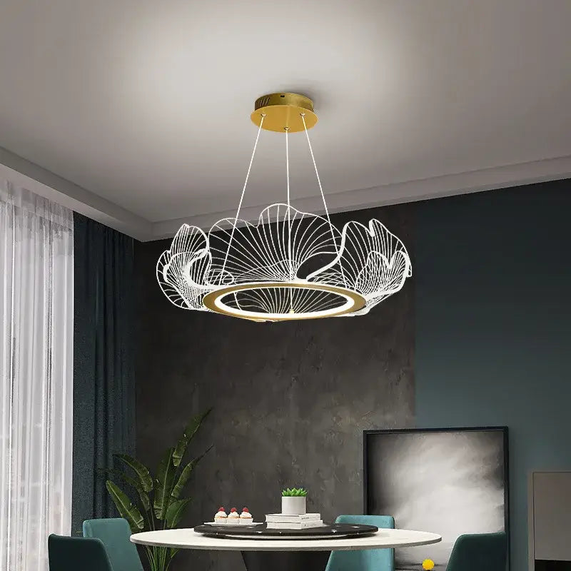 Decorbites ginkgo leaf pendant light featuring a white and gold leaf-shaped design with a circular base for living spaces