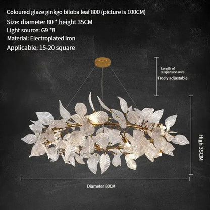 Elegant decorbites ginkgo leaf crystal chandelier with translucent colored glaze leaves and electroplated iron accents for dining room