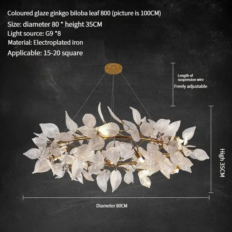 Elegant decorbites ginkgo leaf crystal chandelier with translucent colored glaze leaves and electroplated iron accents for dining room