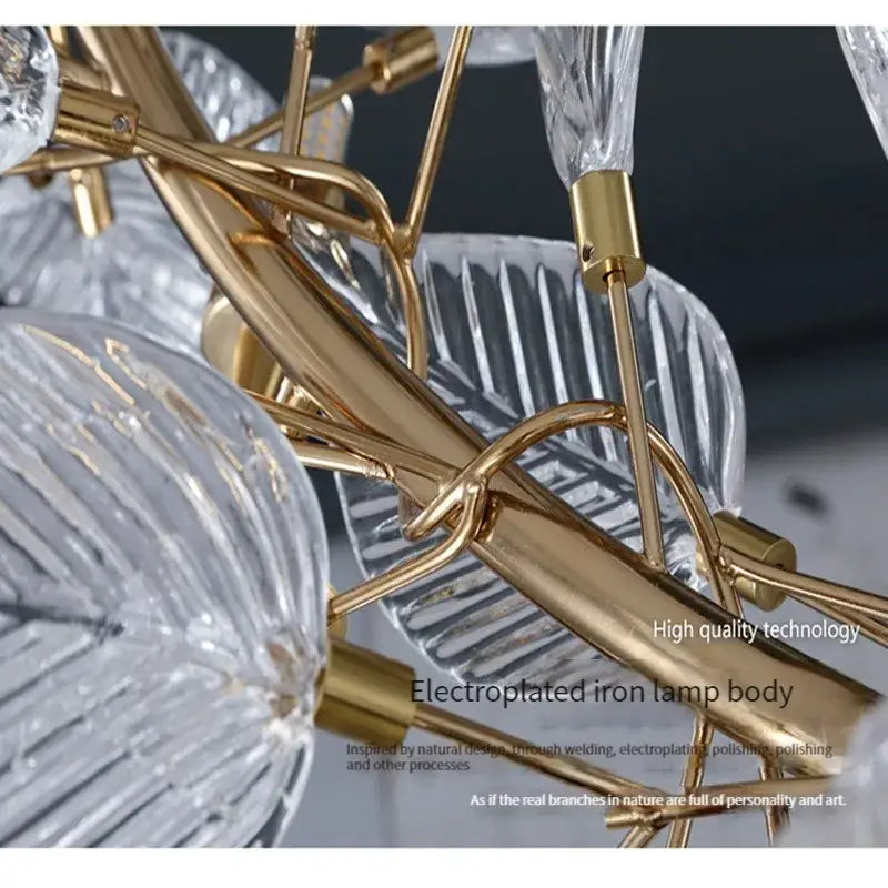 Gold electroplated iron decorbites ginkgo leaf chandelier with clear textured glass leaf crystal shades for elegant spaces