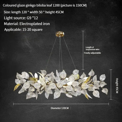 Decorbites ginkgo leaf crystal chandelier with colored glaze silver and gold leaves suspended from brass mount
