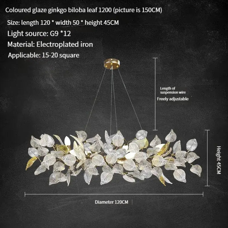 Decorbites ginkgo leaf crystal chandelier with colored glaze silver and gold leaves suspended from brass mount