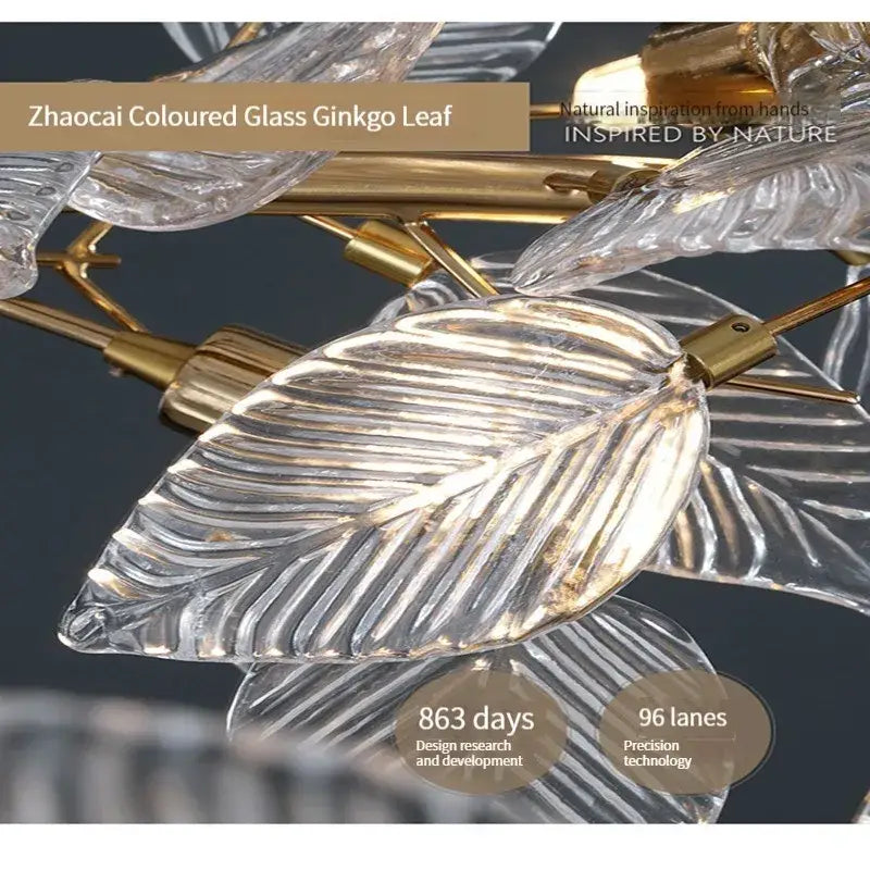 Clear intricately ribbed glass ginkgo leaf crystal with gold-toned metal stem in decorbites ginkgo leaf crystal chandelier