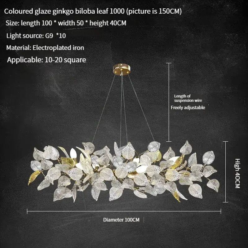 Decorbites ginkgo leaf crystal chandelier with silver and gold translucent glass leaves for dining and living rooms