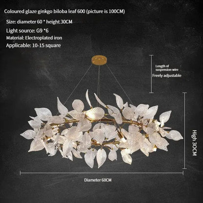 Elegant decorbites ginkgo leaf crystal chandelier with colored glaze leaves and gold iron for dining and living rooms