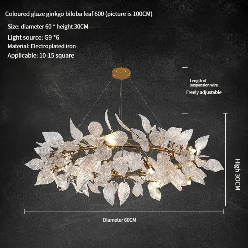 Elegant decorbites ginkgo leaf crystal chandelier with colored glaze leaves and gold iron for dining and living rooms