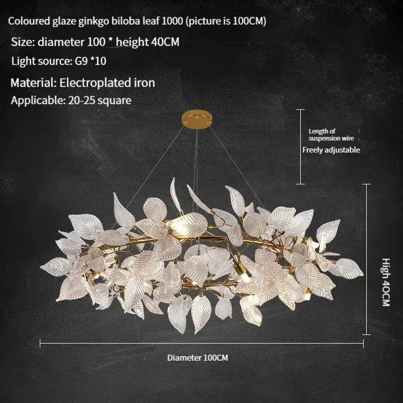 Decorbites ginkgo leaf crystal chandelier with translucent glass leaves and gold accents elegant pendant lamp