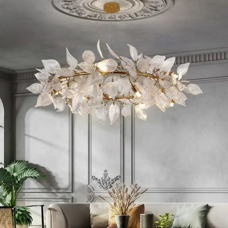 Decorbites ginkgo leaf crystal chandelier with delicate glass leaves gold metal branches and warm led lighting for living room