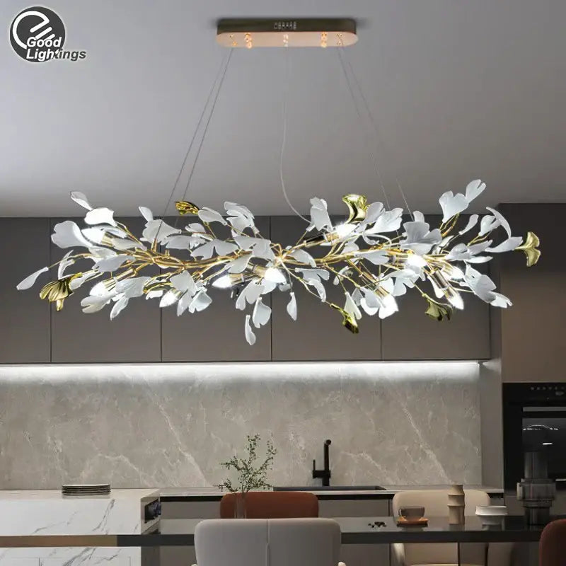 Elegant white and gold DecorBites Ginkgo Leaf crystal leaf chandelier with modern branch-like pendant light design