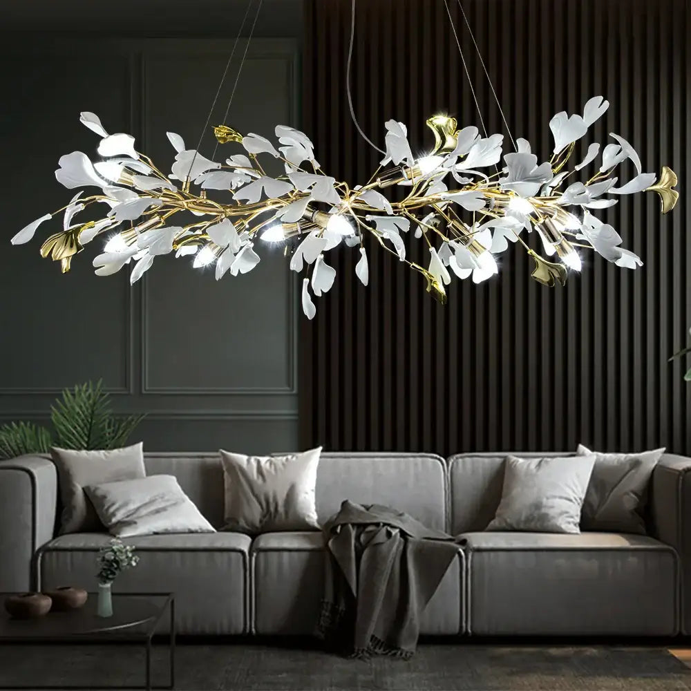 Elegant white and gold leaf crystal chandelier with modern branching design from decorbites ginkgo leaf collection