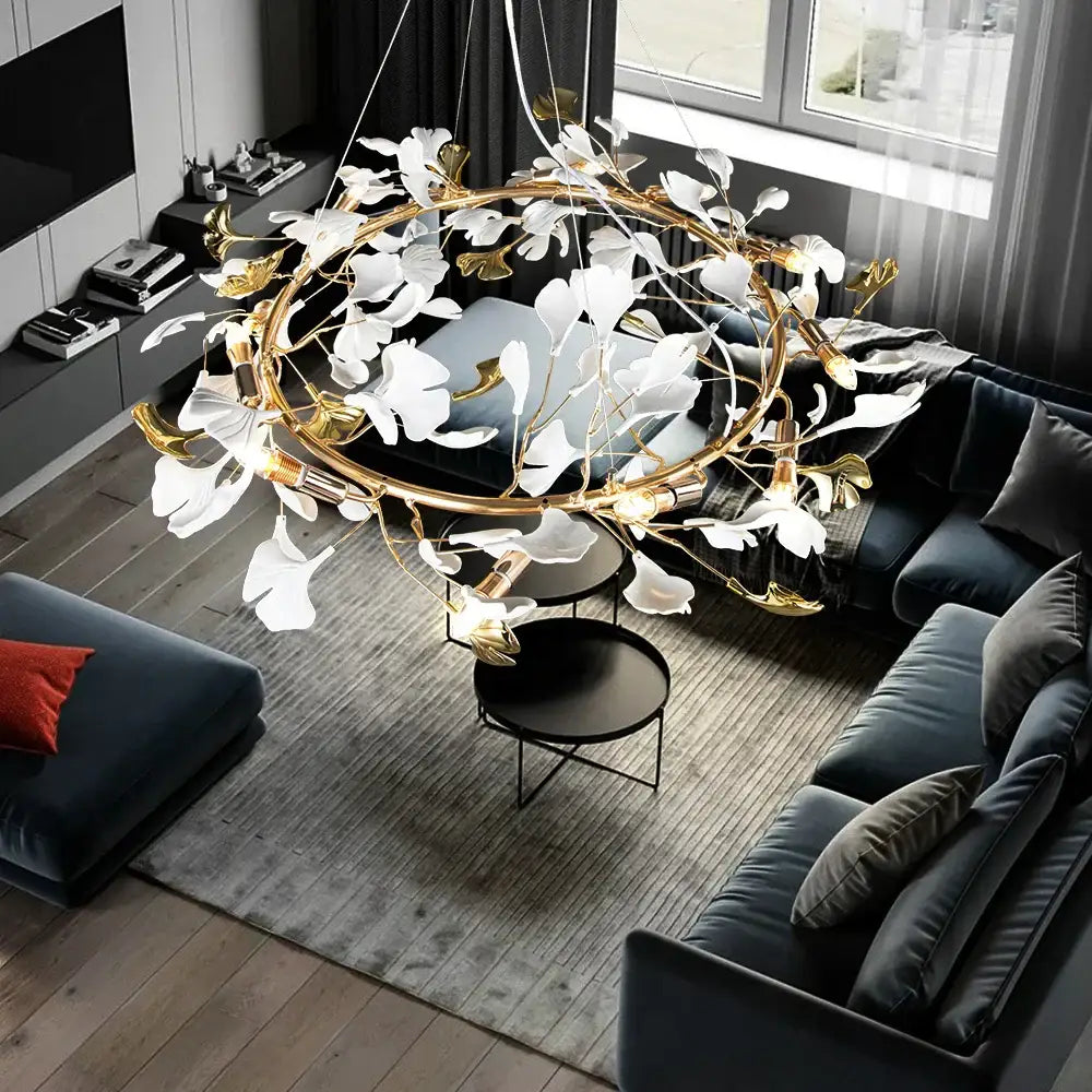DecorBites Ginkgo Leaf crystal chandelier with gold-toned metal frame and white petal-like leaf crystals for home décor