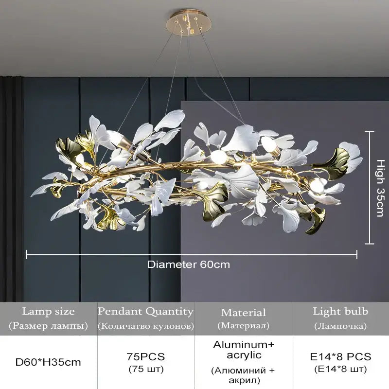 Elegant gold and white acrylic decorbites ginkgo leaf crystal chandelier with 75 LED lights in nordic design