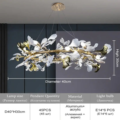 Decorbites ginkgo leaf crystal chandelier with white and gold aluminum leaves suspended from brass fixture