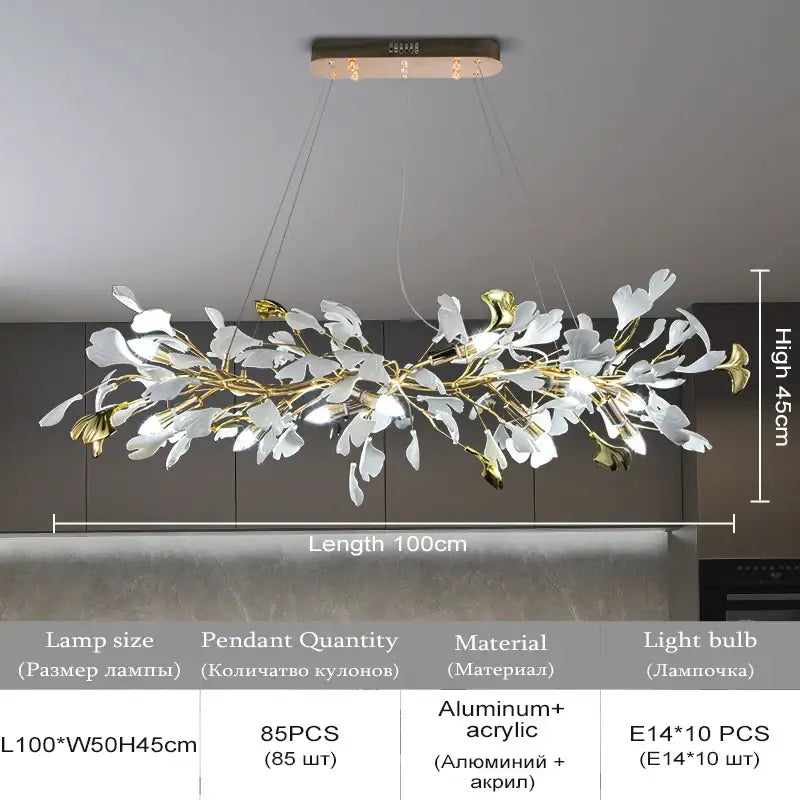 DecorBites ginkgo leaf crystal chandelier with white and gold acrylic leaves on aluminum frame pendant light