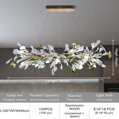 Decorbites ginkgo leaf crystal chandelier with white and gold acrylic leaves on aluminum base pendant light fixture