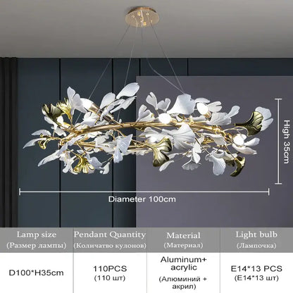 DecorBites ginkgo leaf crystal chandelier with 100cm gold-toned aluminum frame and white acrylic leaves ceiling light