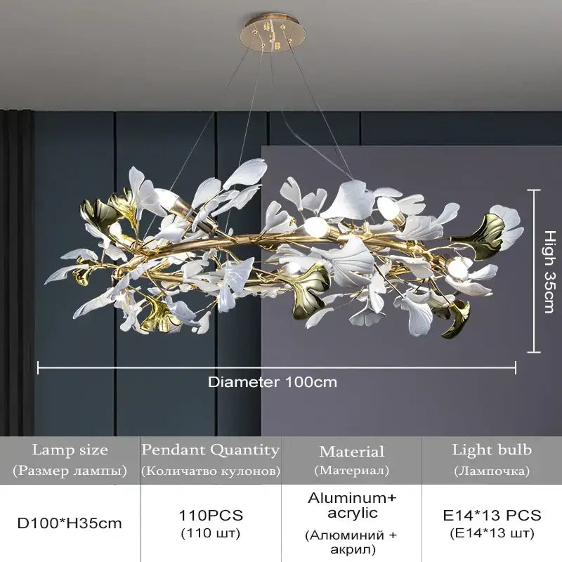 DecorBites ginkgo leaf crystal chandelier with 100cm gold-toned aluminum frame and white acrylic leaves ceiling light