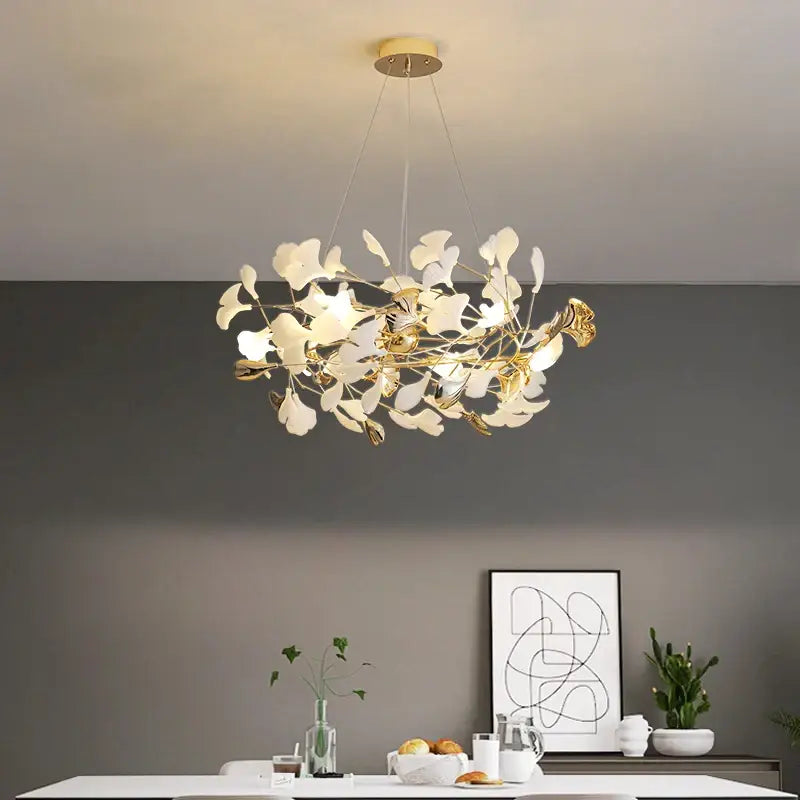 Decorbites ginkgo leaf leaf decor chandelier with white and gold brass ginkgo leaves for living room lighting