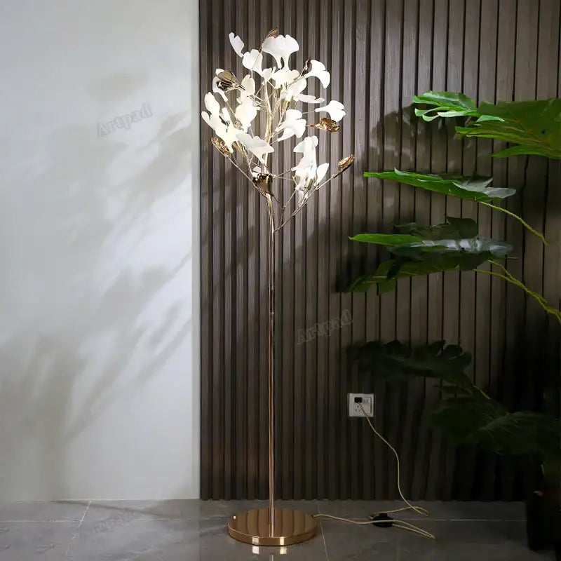 DecorBites ginkgo leaf floor lamp with gold metal stand and white petal lights for living room and bedroom use