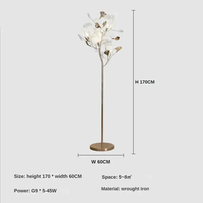 Decorbites ginkgo leaf floor lamp with gold wrought iron base and white translucent flower shades for modern living rooms