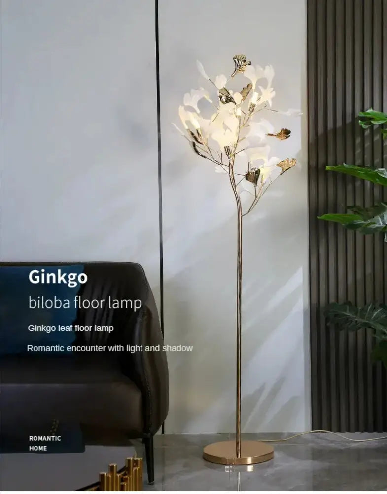 DecorBites ginkgo leaf floor lamp with golden metallic base and white leaf light fixtures for modern living spaces