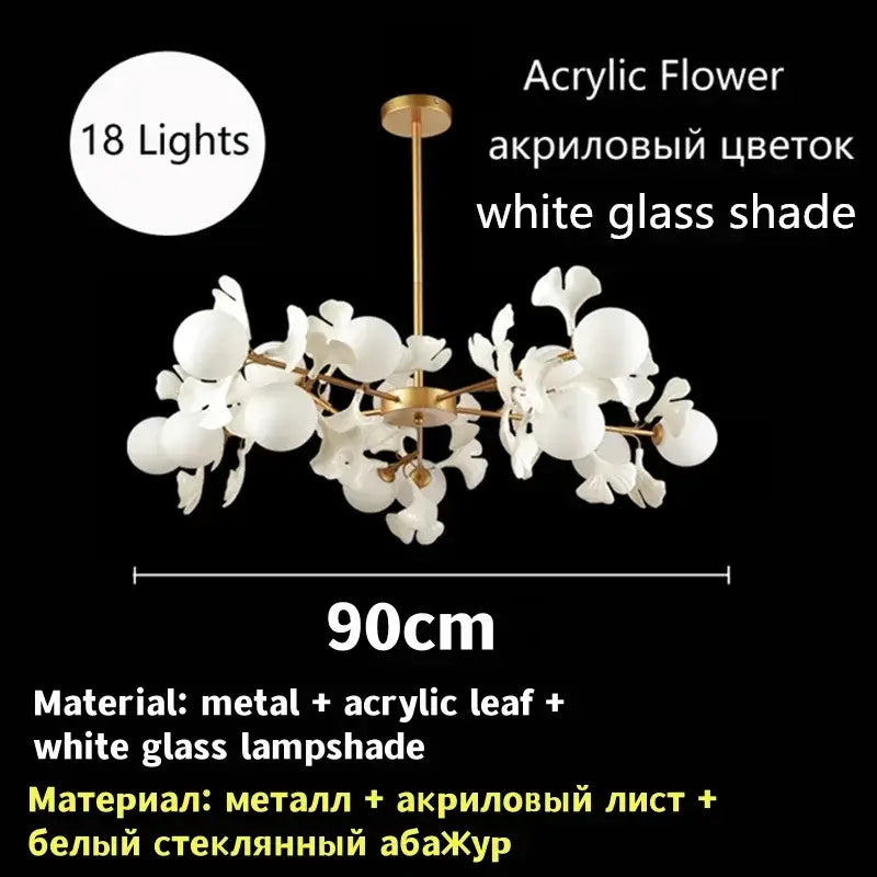 DecorBites ginkgo leaf led chandelier with 18 lights gold metal frame and white acrylic flower shades for living room