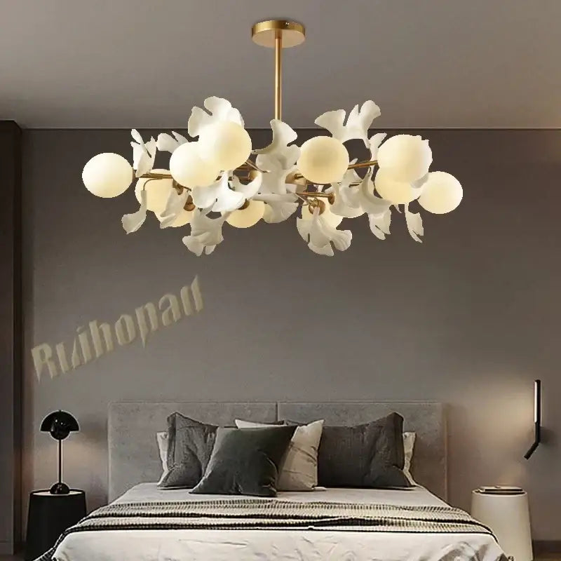Modern DecorBites™ Ginkgo leaf LED ceiling chandelier with gold metal frame and white petal-shaped glass shades