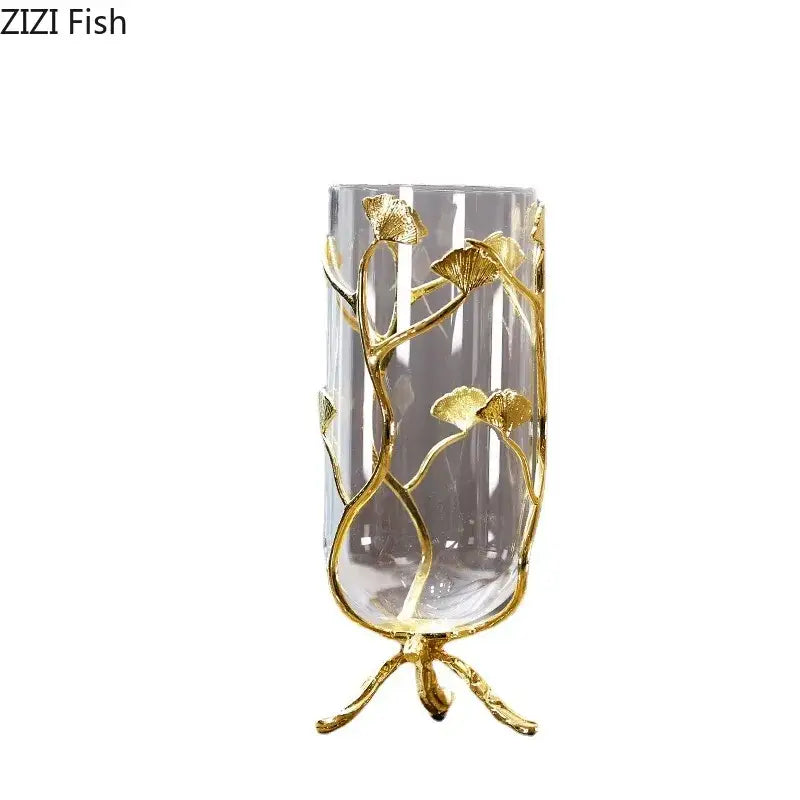 Clear glass DecorBites ginkgo leaf metal flower stand vase with gold-toned ginkgo leaf accents on three-legged base