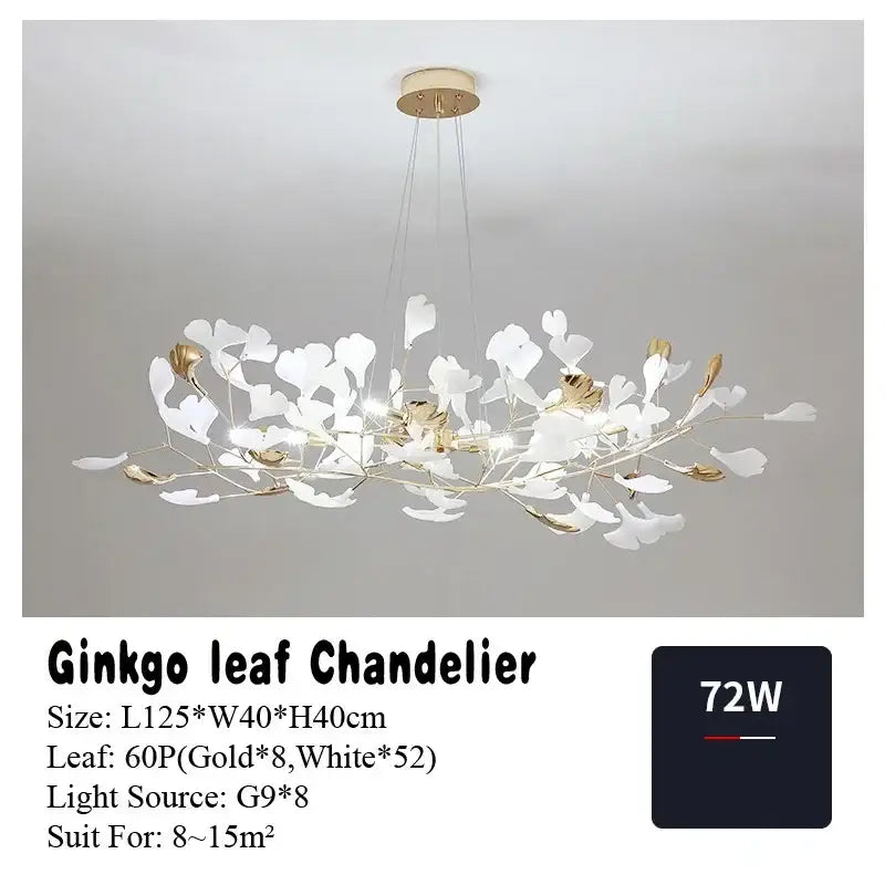Elegant white and gold DecorBites ginkgo leaf pendant chandelier with modern branching design for Nordic romantic decor