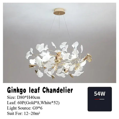 Elegant white and gold DecorBites Ginkgo Leaf pendant chandelier with modern airy design for Nordic romantic decor