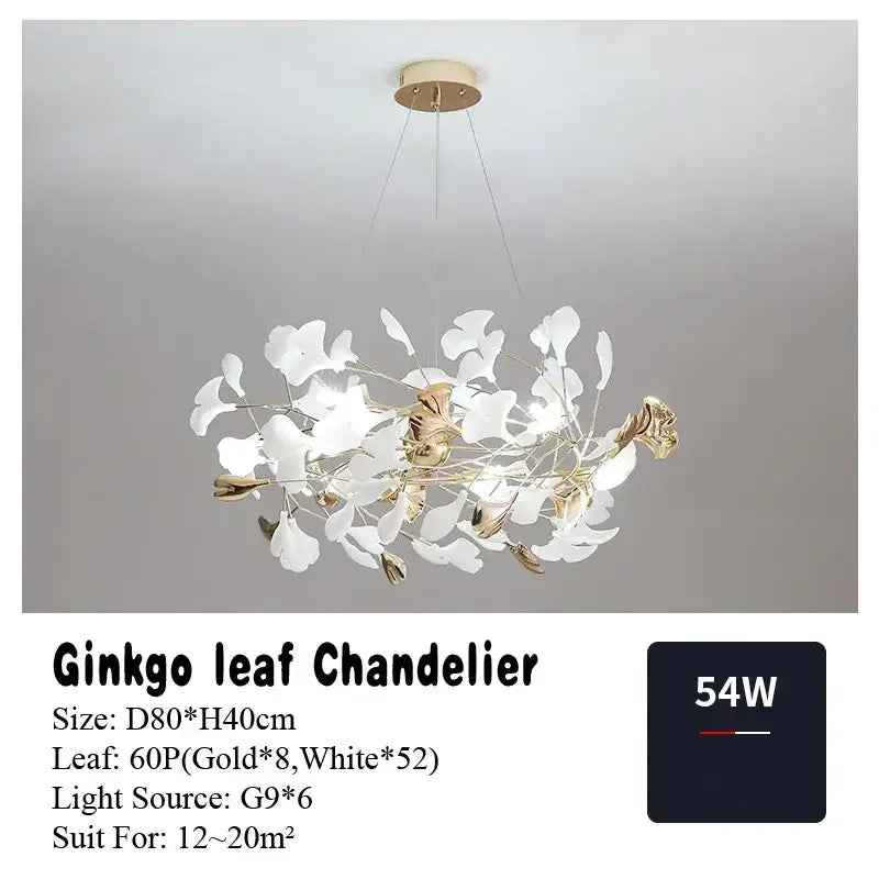 Elegant white and gold DecorBites Ginkgo Leaf pendant chandelier with modern airy design for Nordic romantic decor