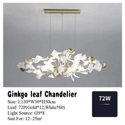 Elegant gold and white DecorBites ginkgo leaf pendant chandelier with 72 LED lights for Nordic romantic living room decor
