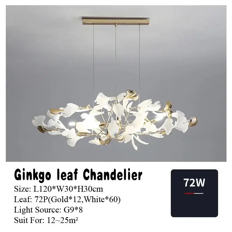 Elegant gold and white DecorBites ginkgo leaf pendant chandelier with 72 LED lights for Nordic romantic living room decor