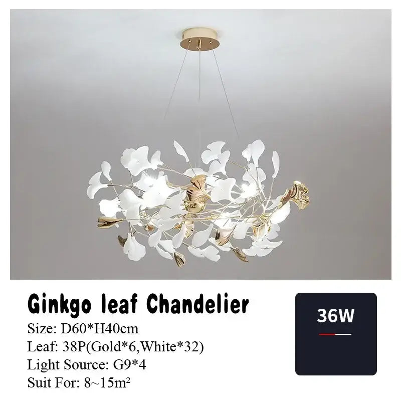 Elegant white and gold pendant chandelier with modern organic decorbites ginkgo leaf pendant for nordic living room decor