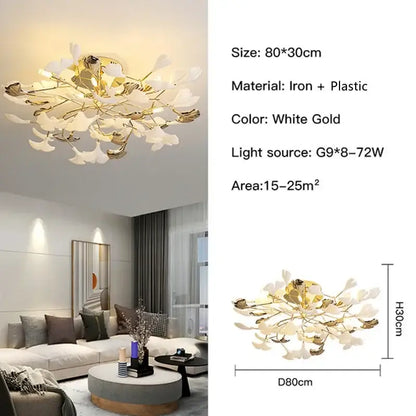 White gold decorbites ginkgo leaf pendant chandelier with iron and plastic frame featuring eight g9 bulbs for Nordic decor