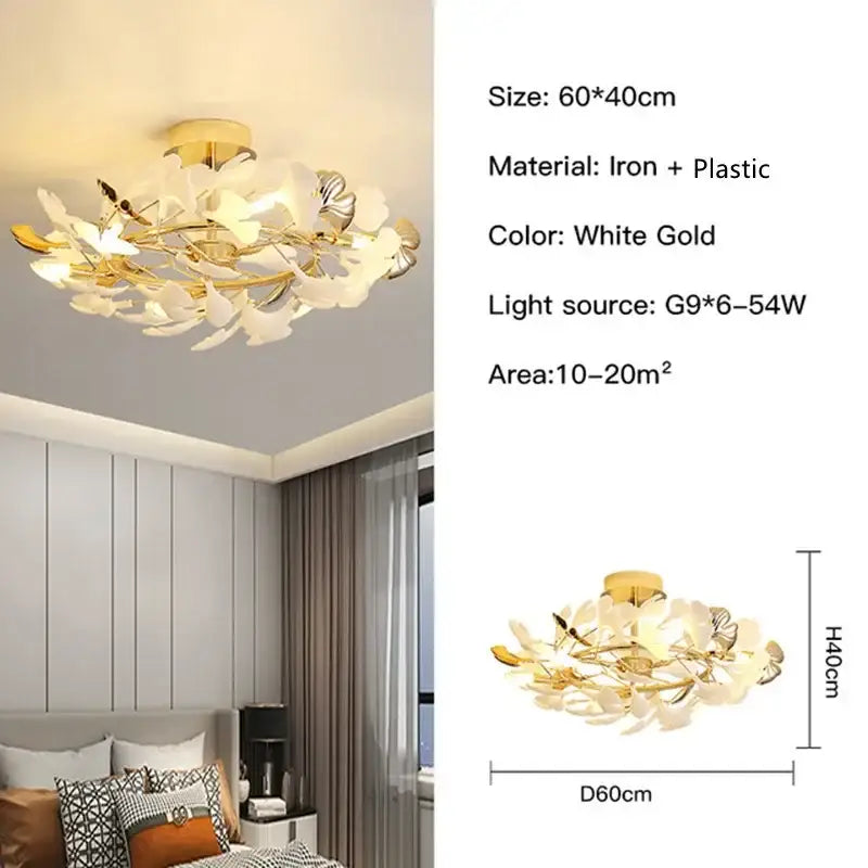 White gold iron and plastic decorbites ginkgo leaf pendant chandelier for nordic romantic living room decor