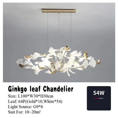 Decorbites ginkgo leaf pendant chandelier with white translucent leaves and gold-toned stems for modern decor