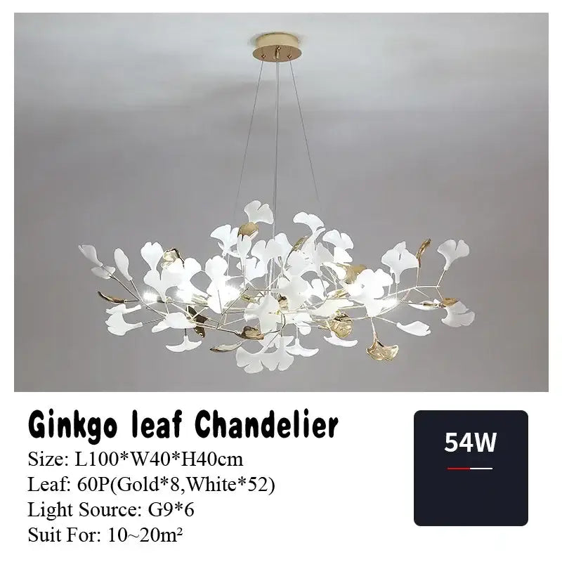 Elegant white and gold DecorBites ginkgo leaf pendant chandelier with modern branching design for Nordic living room decor