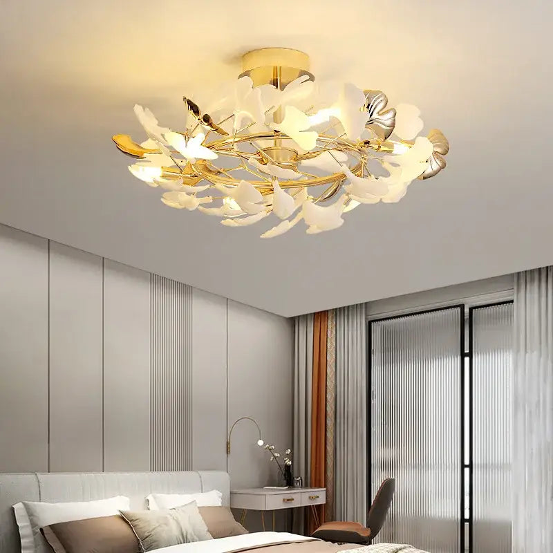 Gold-toned decorbites ginkgo leaf pendant chandelier with white and silver leaf accents for nordic romantic decor