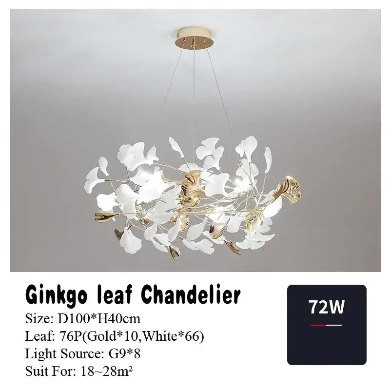 Elegant white and gold DecorBites Ginkgo Leaf pendant chandelier with modern airy design for Nordic romantic living room decor