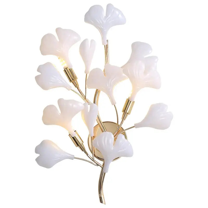 Elegant white glass ginkgo leaf wall lamp with gold-toned metal arms from decorbites ginkgo leaf collection for indoor use