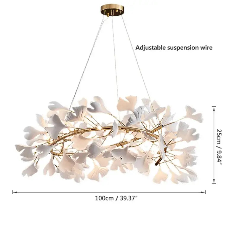 Elegant white decorbites ginkgo leaves chandelier with gold-toned metal branches and adjustable suspension wires for luxury spaces