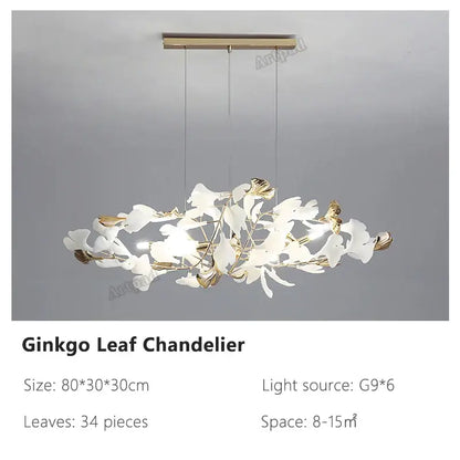 A modern decorbites ginkgo leaves chandelier with delicate white and gold metal leaves for luxury interior lighting