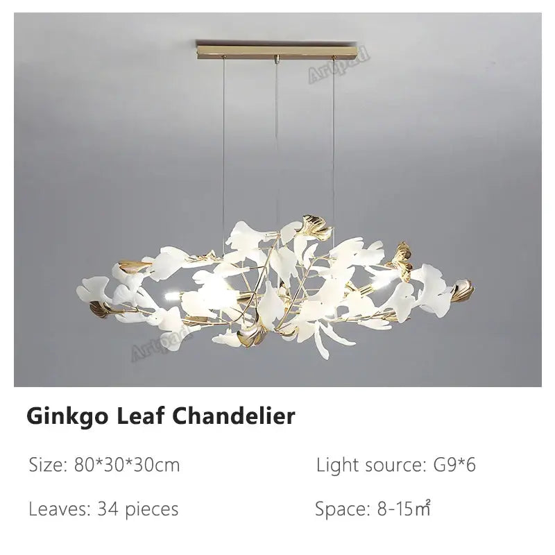A modern decorbites ginkgo leaves chandelier with delicate white and gold metal leaves for luxury interior lighting